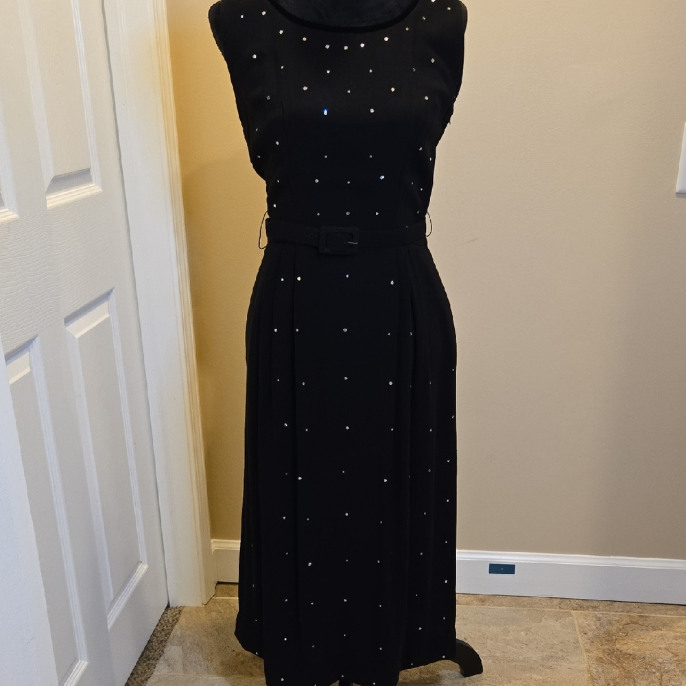1950s Sparkly Black Maxi Dress with Diamante Studs